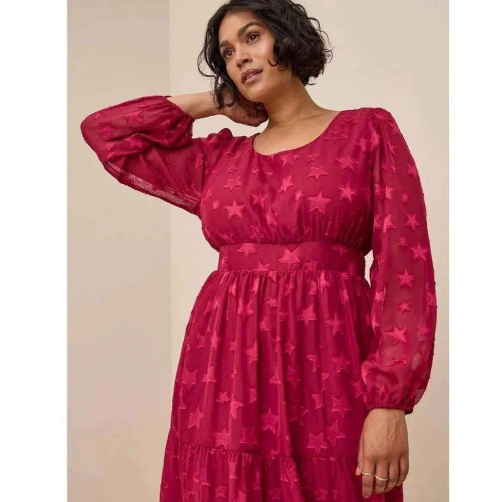 Torrid Burgundy Chiffon Clipdot Star Dress 1X (14-16) - Picture 1 of 5